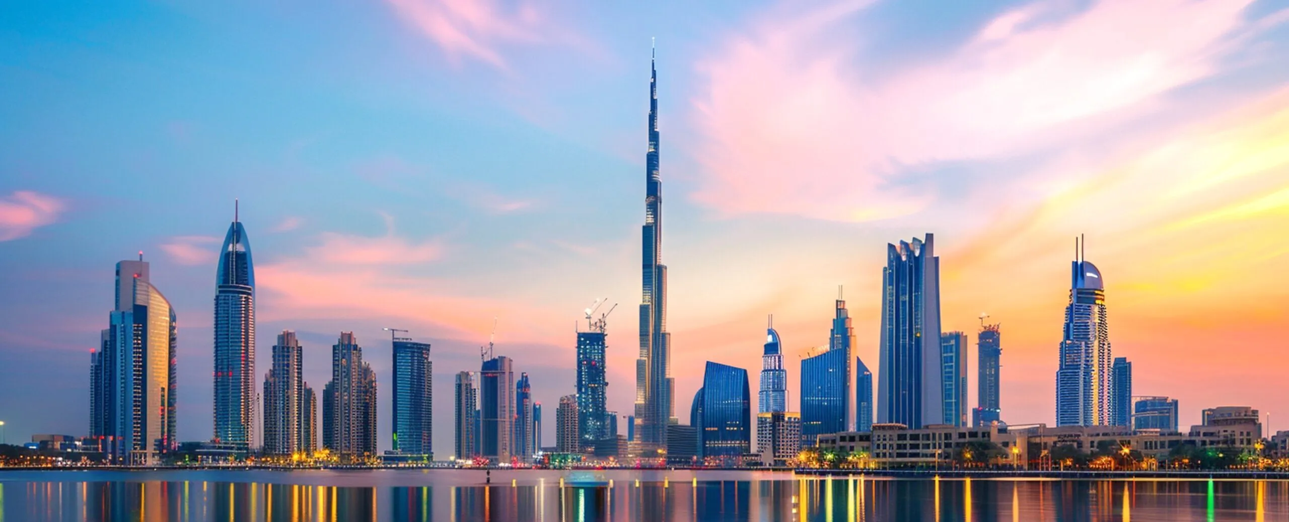 Dubai skyline reflected on the water, symbol of elegance and technology
