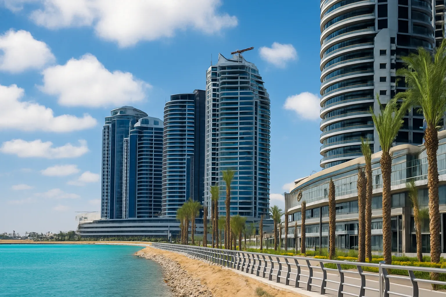 Torri The Alamein North Edge with seafront and palm trees, a project featuring Comelit hybrid IP video intercom systems.