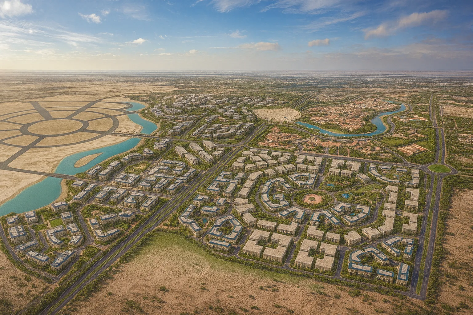 Aerial view of the Latin District, a large-scale urban development with extensive green spaces and Comelit systems.